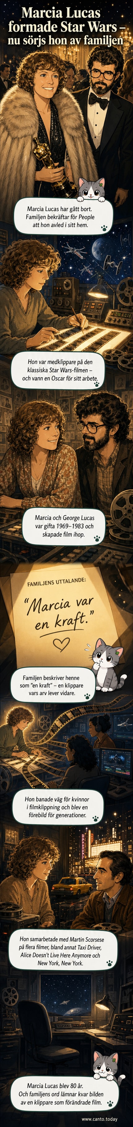 En svartvitt porträttbild av Marcia Lucas, klippare i Star Wars och Oscarvinnare, med text som anger hennes död vid 80 års ålder.