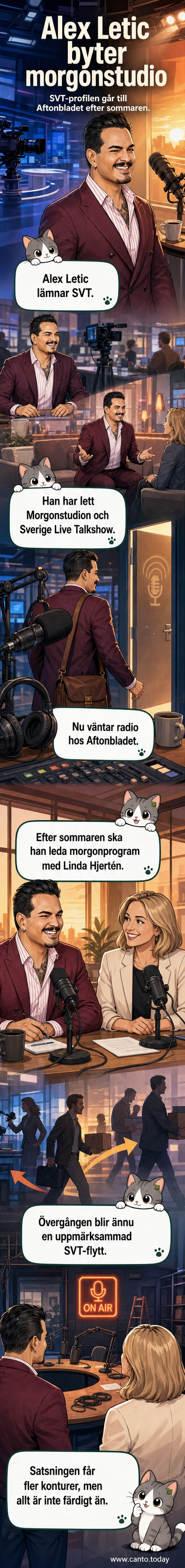 Illustration av Alex Letic med mikrofon, mellan loggor för SVT och Aftonbladet, symboliserande övergång från public service till kommersiell radio.