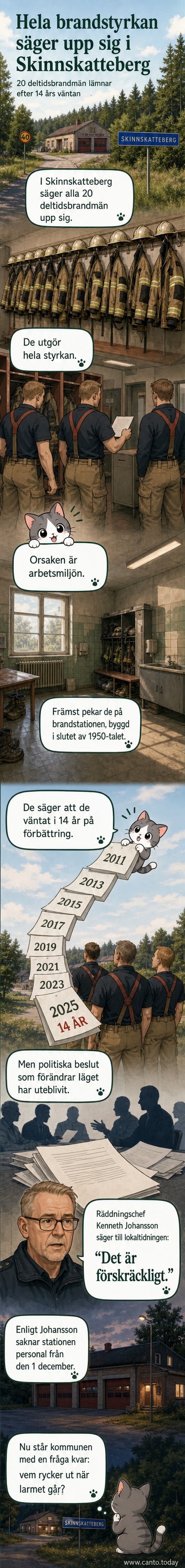 En tom brandstation med utslitna väggar och en övergiven brandbil står i mörkret, symboliserande att hela styrkan har sagt upp sig.