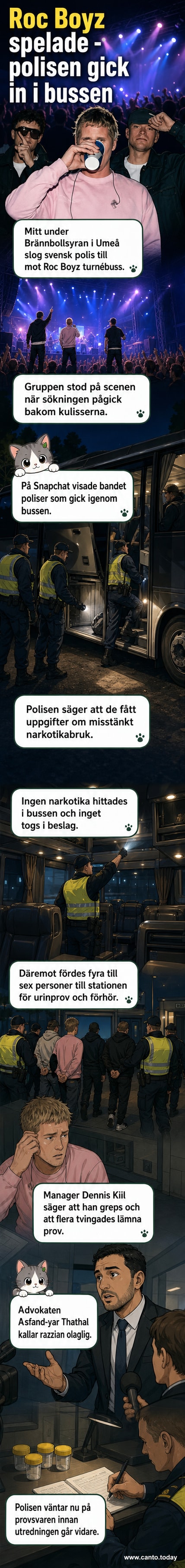 Poliser genomsöker en turnébuss under en konsert, med scenen i bakgrunden.