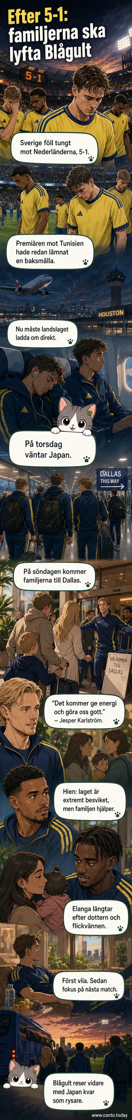 Fotbollslandslaget samlas i Dallas efter förlusten mot Nederländerna, omgiven av familjer inför ett försenat midsommarfirande.