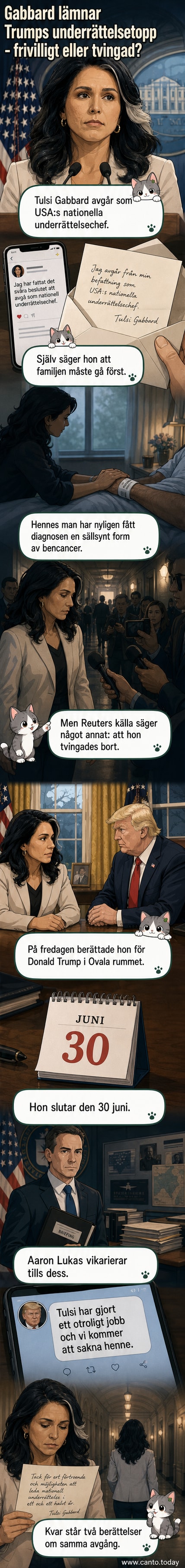 En kvinna i mörk kostym lämnar Vita huset under regn, med en portvakt i bakgrunden och ett par skuggor som tittar ut från fönstret.