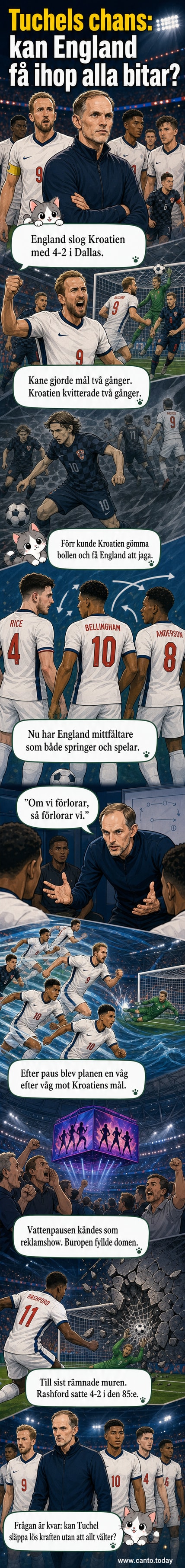 Engelska fotbollsspelare firar mål på en konstgräsplan under kvälls ljus, med publik i bakgrunden och Dallas Stadiums tak synligt ovanför.