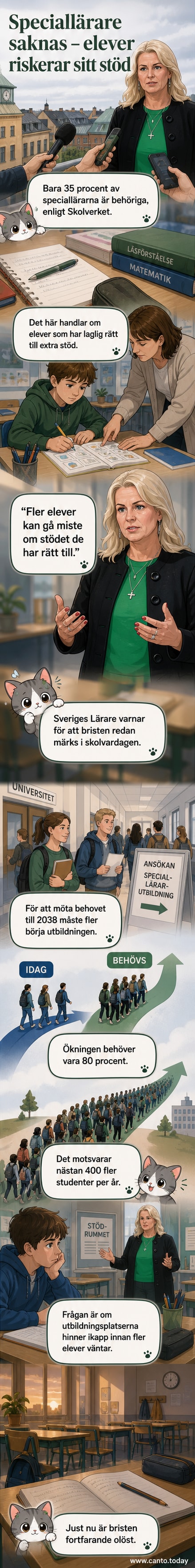 Illustration av en skolklass där läraren tittar oroligt på en lång lista med namn, med en tom stol markerad 'speciallärare'.