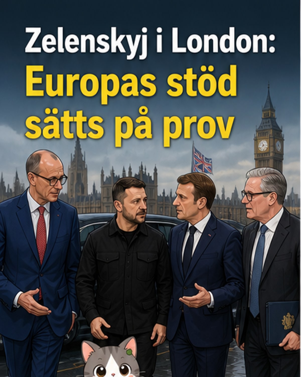 Fotografi av Volodymyr Zelenskyj, Keir Starmer, Emmanuel Macron och Friedrich Merz vid ett toppmöte i London.