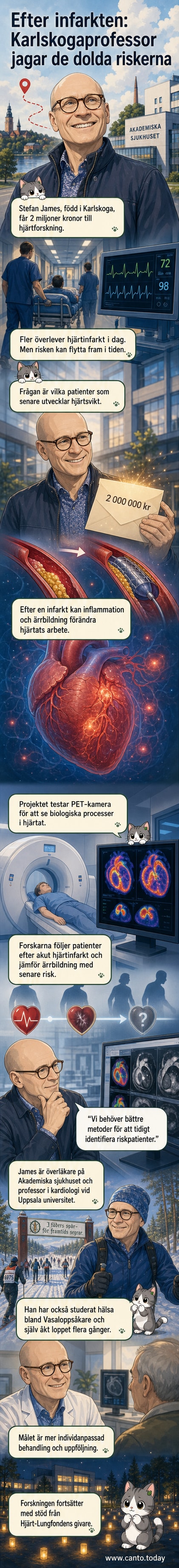 Professor Stefan James står framför en PET-kamera i ett laboratorium, med en hjärtbild på skärmen bakom sig.