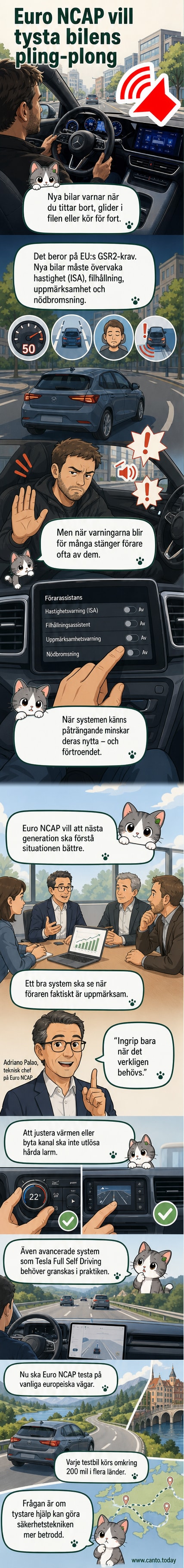 En modern elbil kör på en landsväg med en irriterad förare som tittar på en varningsikon i instrumentpanelen.