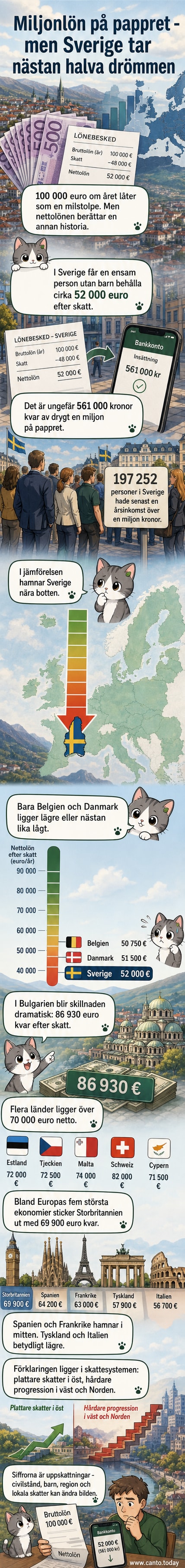 Illustration av en person som räknar pengar med svenska och bulgariska sedlar, med en graf i bakgrunden som visar skatteskillnader i Europa.