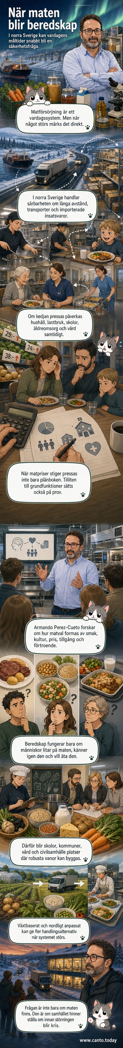 En skål med nordiska grödor, rotfrukter och baljväxter står mitt på ett bord, omgiven av symboler för infrastruktur, klimat och samhällsförsörjning.