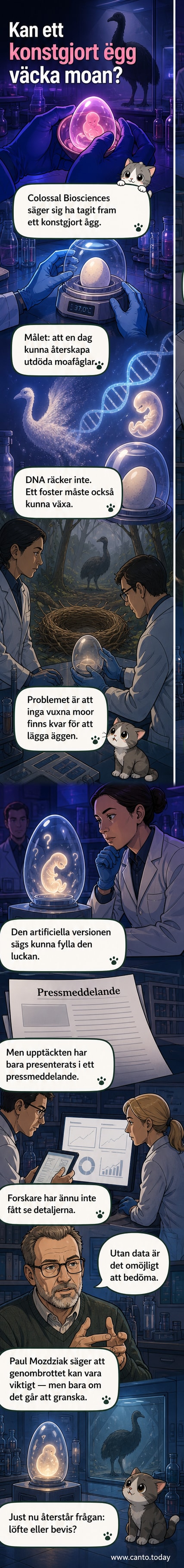 Illustration av ett konstgjort ägg med DNA-strängar runtom, i bakgrunden silhuetten av en moafågel.