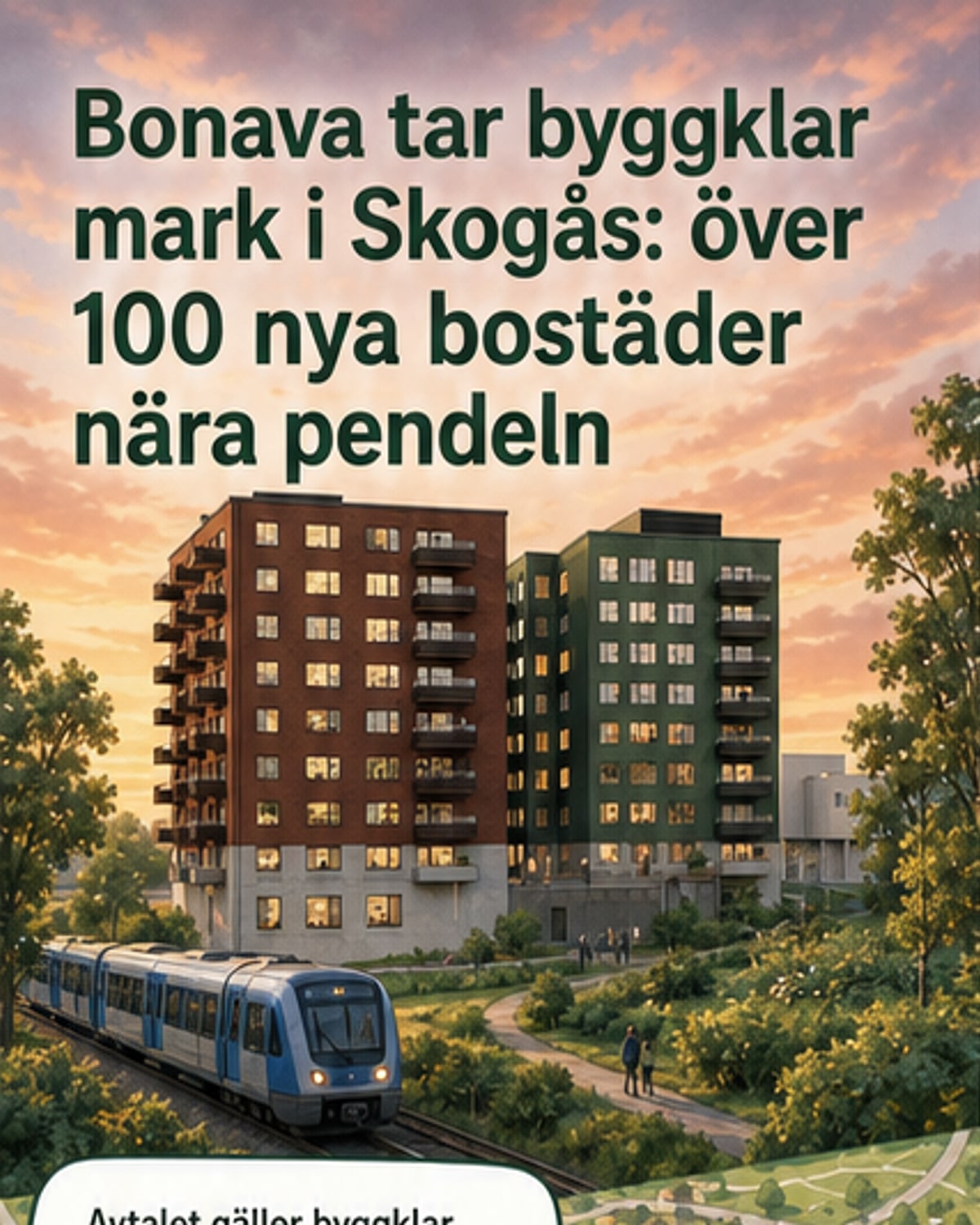 Illustration av ett nybyggt bostadsområde i Skogås med flerfamiljshus, barnleka, cykelvägar och nära skog och vatten, med pendeltåg i bakgrunden.
