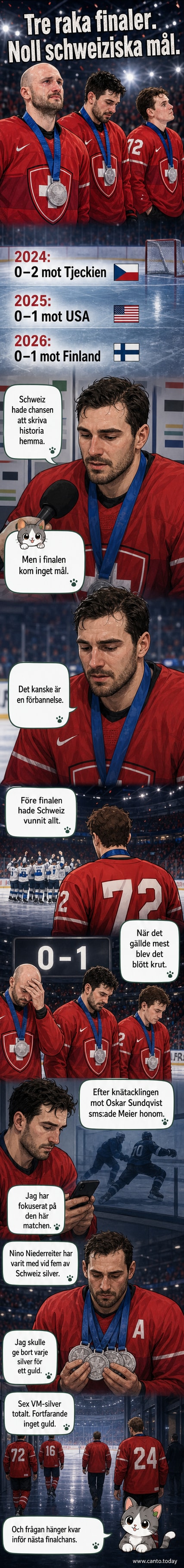 Schweiziska ishockeyspelare står tysta på isen efter en förlorad VM-final, medan finska spelare firar segern.