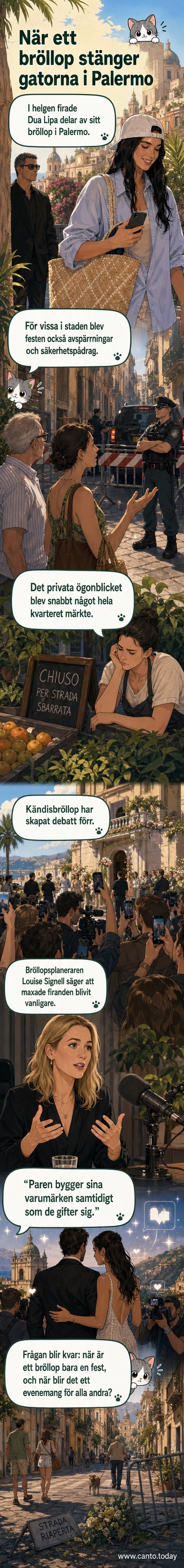Illustration av ett storslaget bröllop i Palermo med röd röd matta, säkerhetsvakter och kameror, med Dua Lipa i centrum.