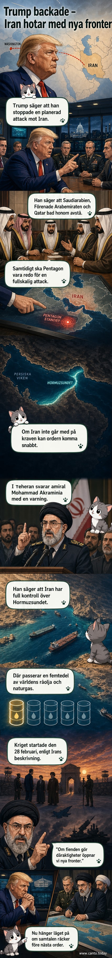 Illustration av en spänd geopolitisk scen: en iransk amiral talar inför beväpnade män vid en militärbas, med silhuetter av Trump och israeliska symboler i bakgrunden.