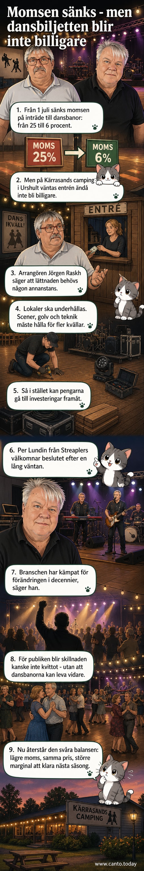 Två män står och pratar ute på en gräsmatta vid en camping, bakom dem syns en dansbana med scen.