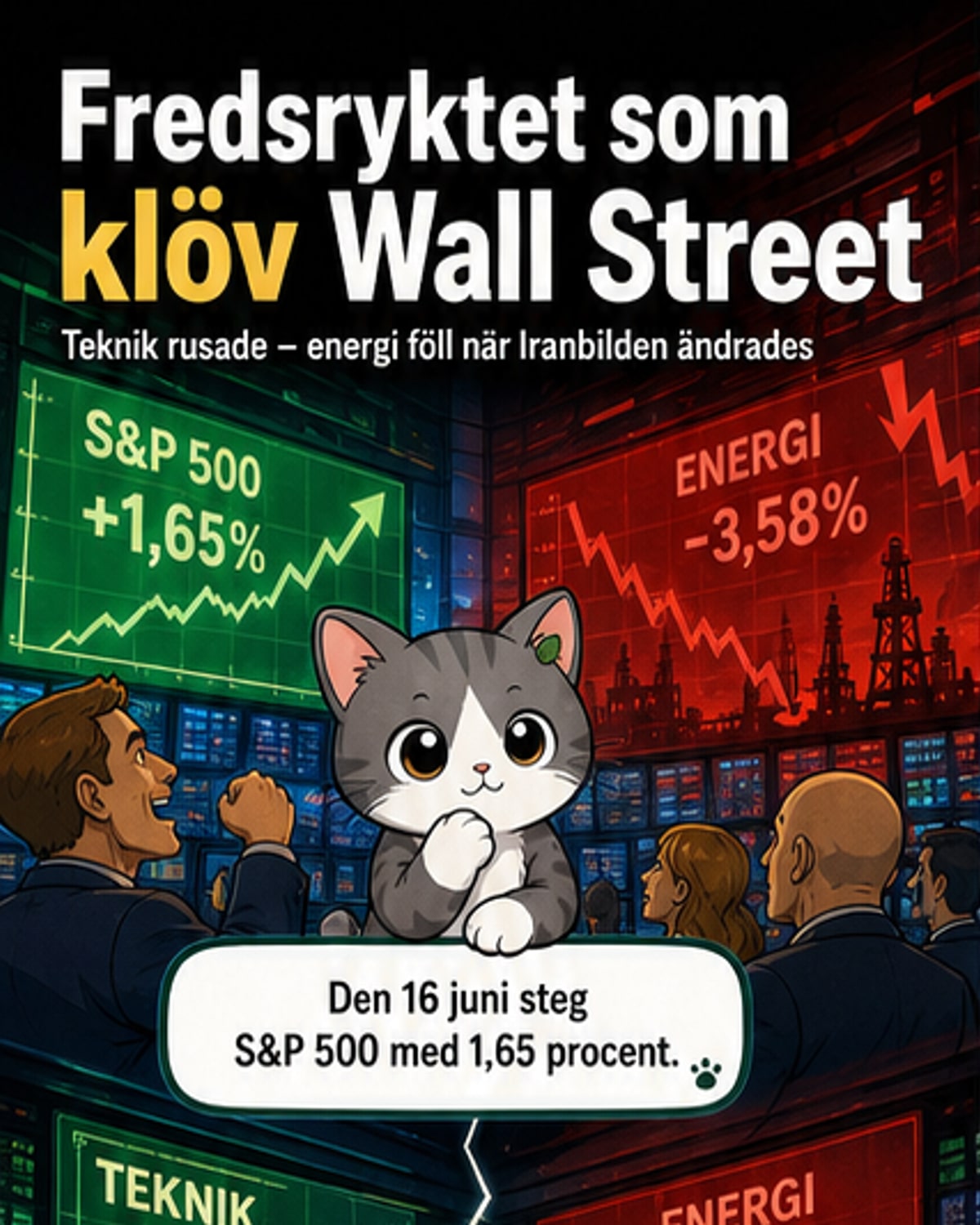 Illustration av Wall Street med delad gata – ena sidan visar stigande teknikaktier, andra sidan fallande energiaktier och oljedunkar.