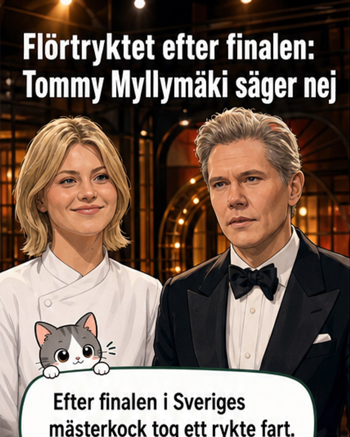 Tommy Myllymäki och Matilda Björk i Sveriges mästerkock, med undertext om dementi av flört-rykten