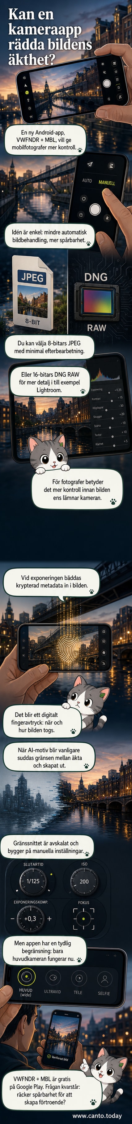 En mobiltelefon med en ny kameraapp öppen som visar ett enkelt gränssnitt med val mellan RAW- och JPEG-läge samt krypterad metadata.