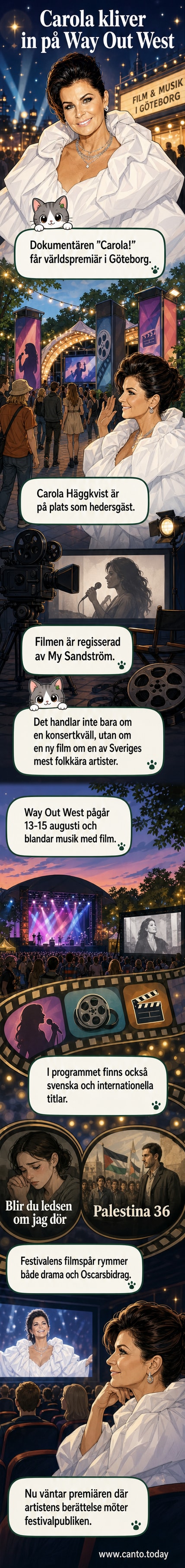 Carola Häggkvist står leende på en röd matta, omgiven av kameror och journalister vid världspremiären av sin dokumentärfilm på Way Out West.