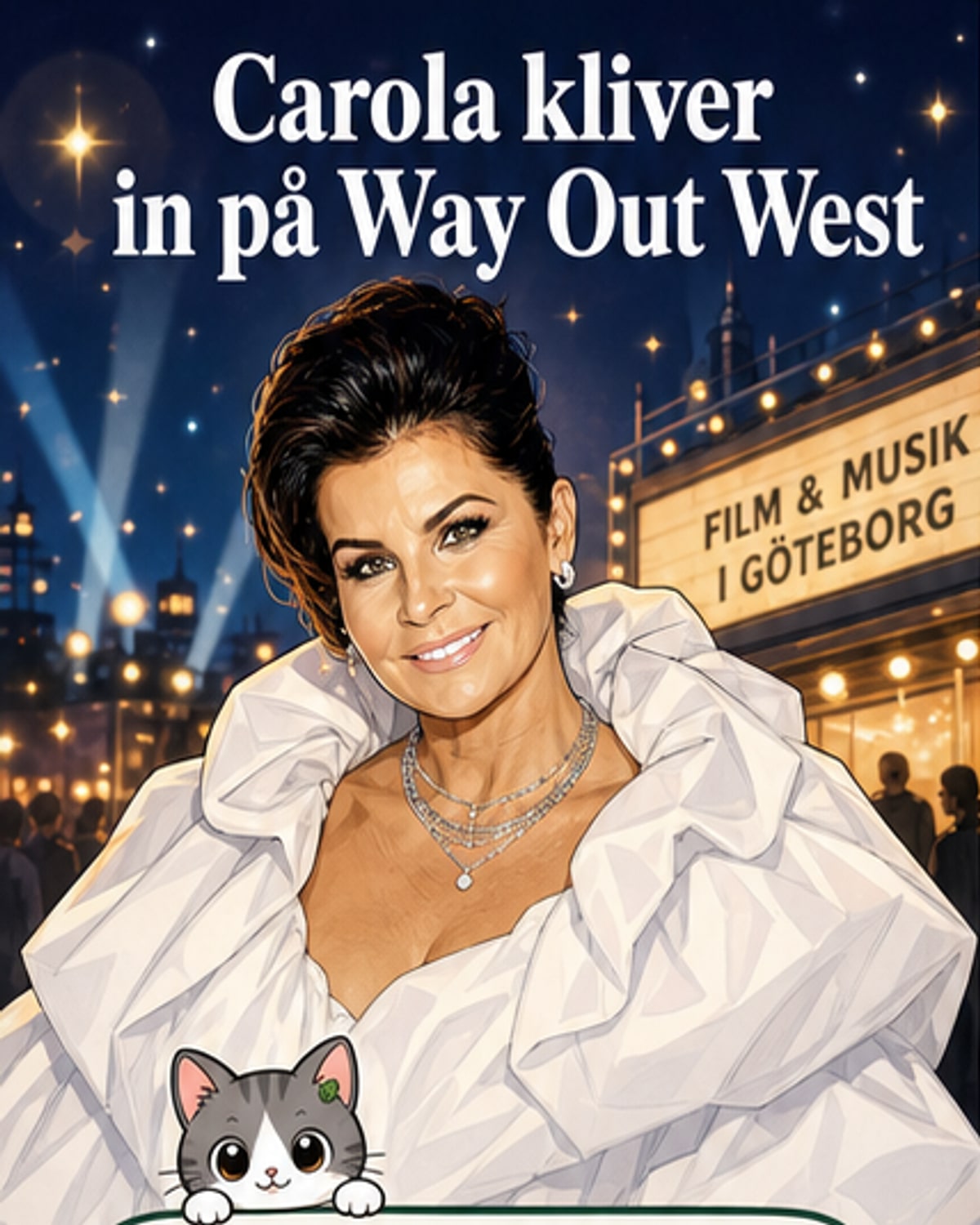 Carola Häggkvist står leende på en röd matta, omgiven av kameror och journalister vid världspremiären av sin dokumentärfilm på Way Out West.