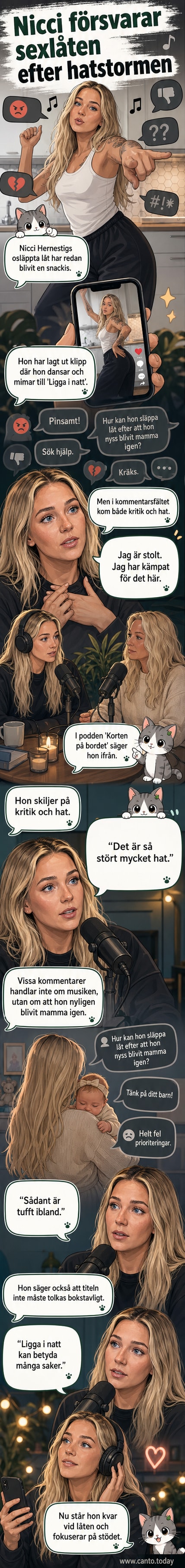 Nicci Hernestig dansar i ett sociala medier-klipp relaterat till hennes låt 'Ligga i natt', med text över bilden om kritik och hat.