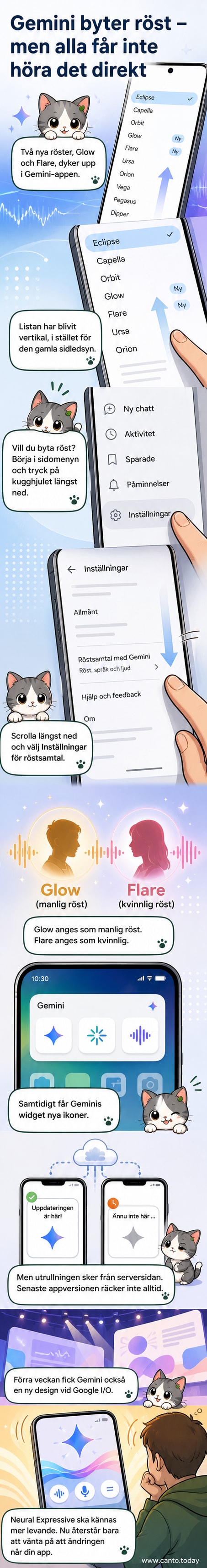 Skärmdump av Gemini-appen med den nya vertikala röstmenyn där Glow och Flare visas under inställningar.