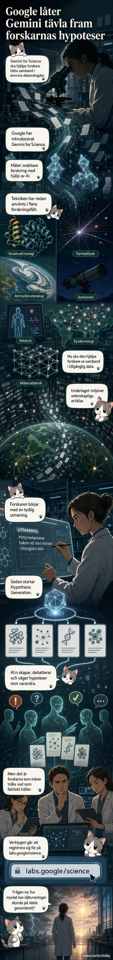 En digital representation av en forskare som arbetar med en AI-assistent vid en skärm, omgiven av vetenskapliga diagram och molekylmodeller.