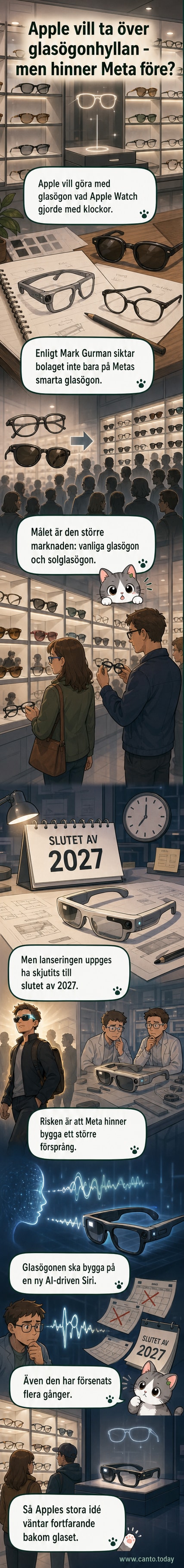 Illustration av smarta glasögon med Apple-logga, symboliserande Apples kommande produkt i glasögonbranschen.