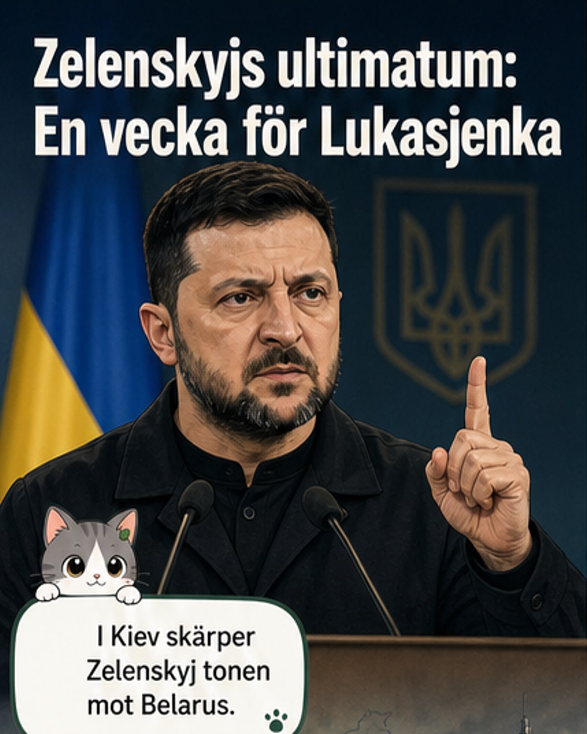 Illustration av Zelenskyj som talar vid en presskonferens med karta över Belarus och Ukraina i bakgrunden, med en klocka som räknar ner en vecka.