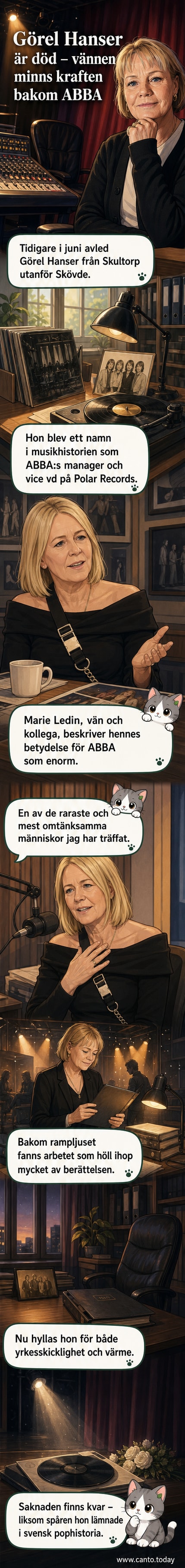 Porträtt av Görel Hanser, ABBA:s tidigare manager, med ett leende ansikte. Bakgrunden visar en scen med musiknoter och mikrofoner.