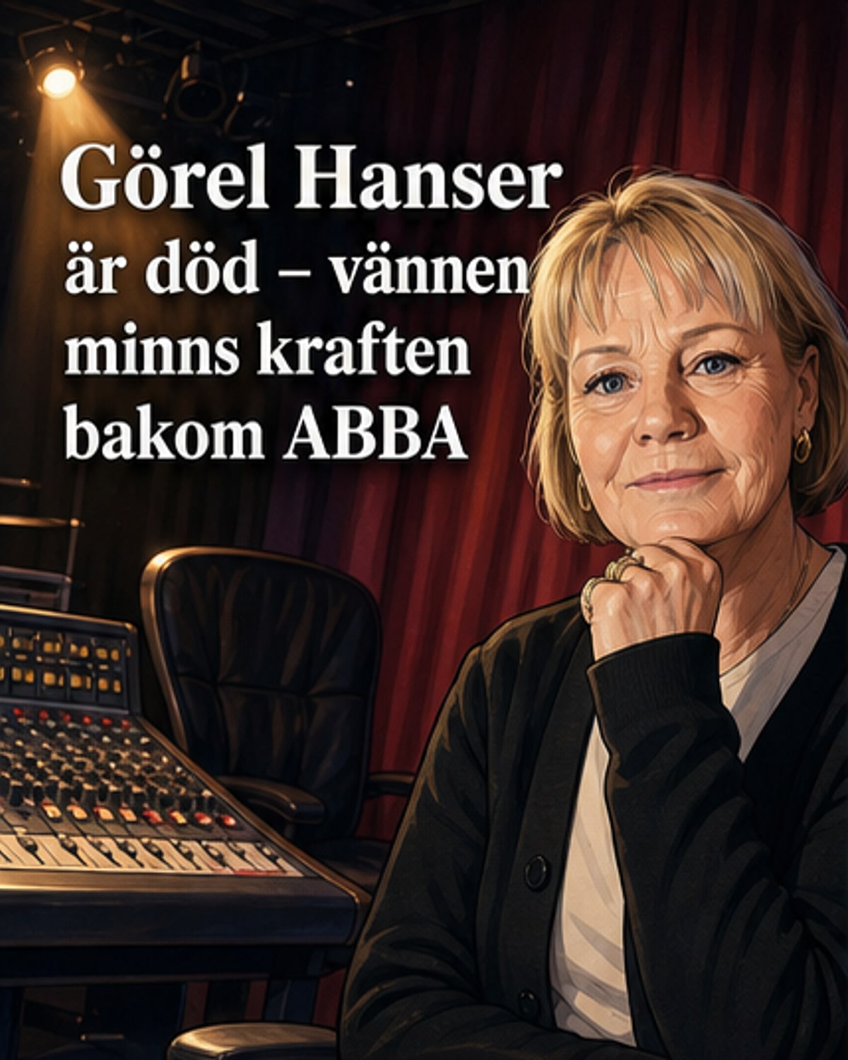 Porträtt av Görel Hanser, ABBA:s tidigare manager, med ett leende ansikte. Bakgrunden visar en scen med musiknoter och mikrofoner.