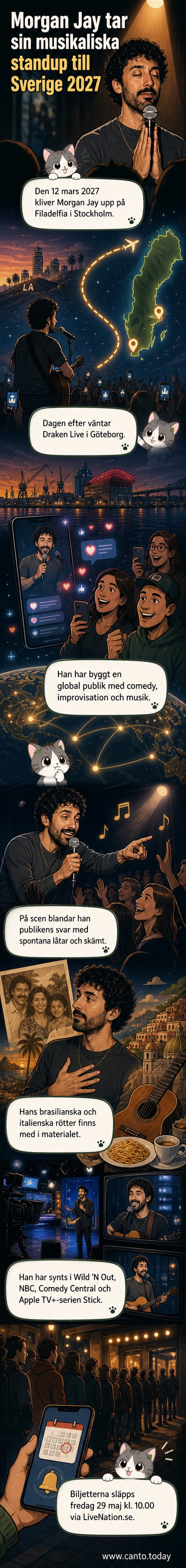 En illustrerad scen med komikern Morgan Jay på scen i full publik, med mikrofon i hand och musikinstrument i bakgrunden, omgiven av glada ansikten och ljus som symboliserar liveenergi.