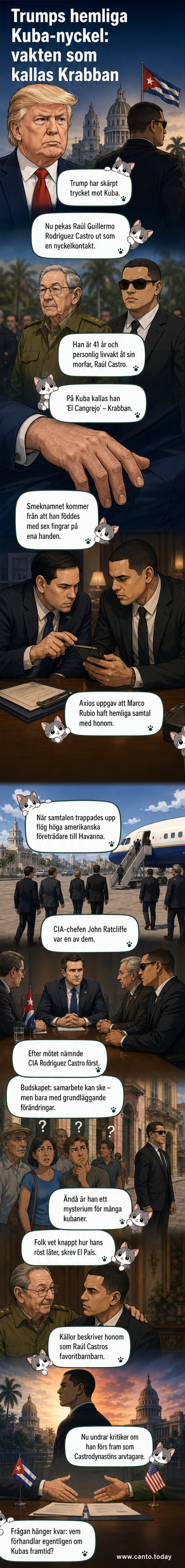 En mörkhårig man i mörk kostym står bredvid äldre man i rullstol, båda på en balkong med kubansk flagga i bakgrunden.