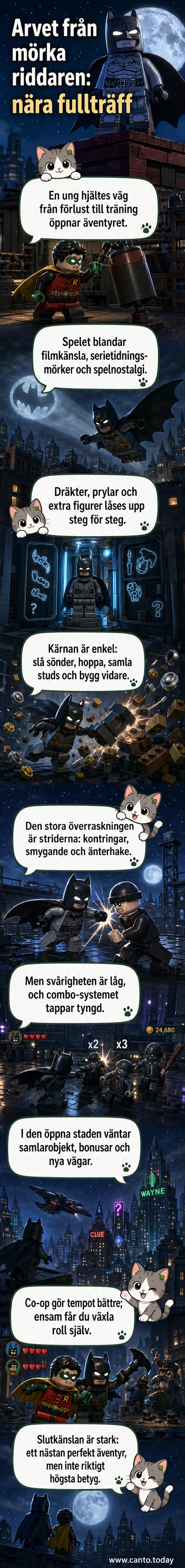 Lego-versionen av Batman står på takkant i Gotham med Batmobile i bakgrunden och många kostymer och karaktärer från olika Batmans-filmer och serier runtomkring.