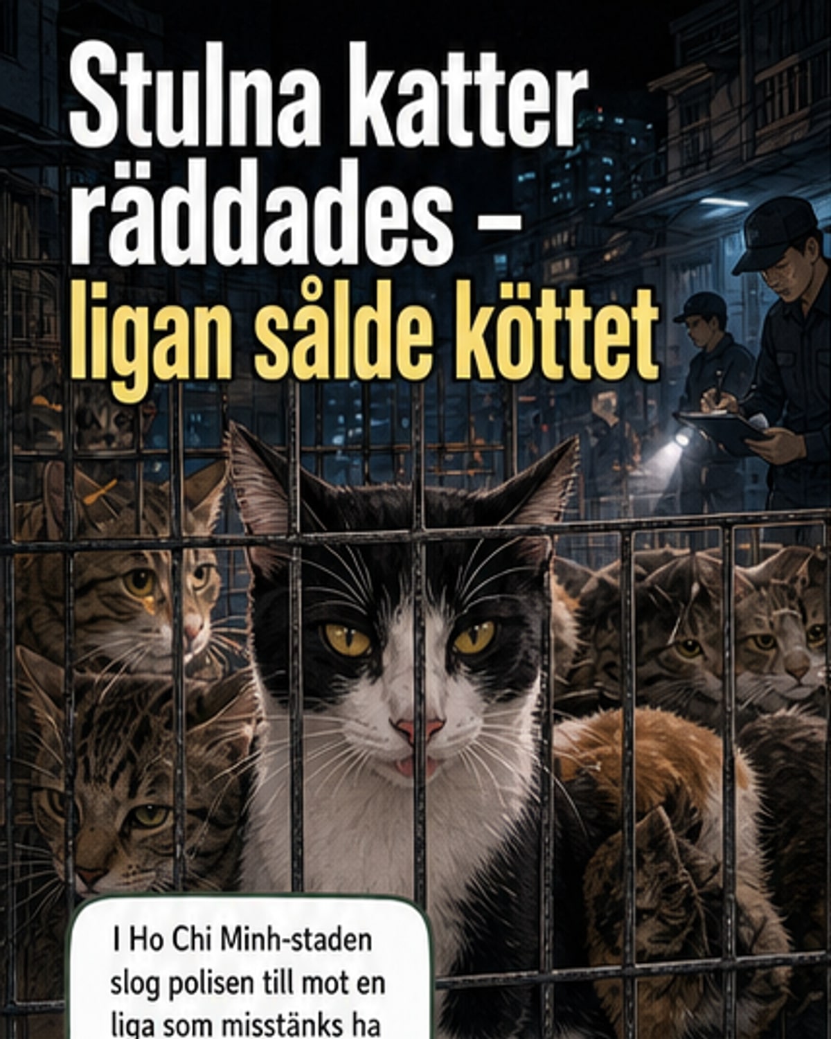 Polis räddar katter från burar i ett kriminellt lager i Ho Chi Minh-staden, Vietnam.