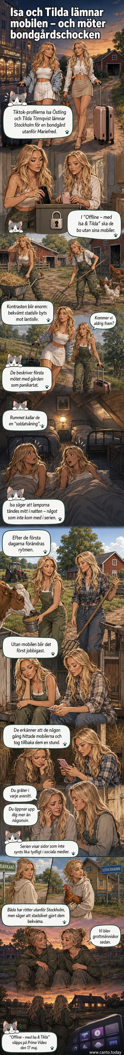 Isa Östling och Tilda Törnqvist står leende i trädgården på en bondgård, klädda i vardagskläder, med en gammaldags lada i bakgrunden.