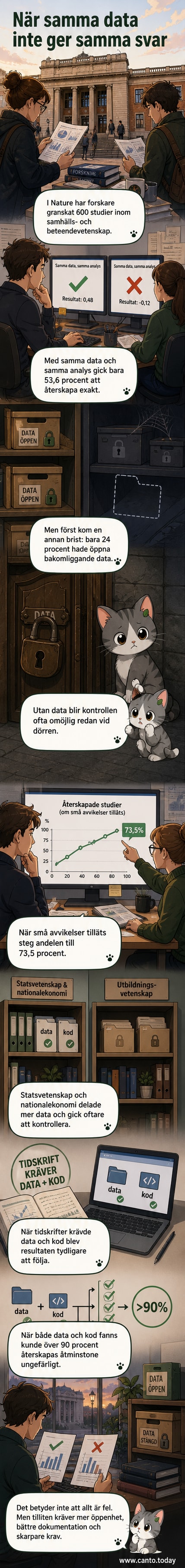 Illustration av en forskare vid en dator med en graf som visar att hälften av studierna inte kan upprepas, med symboler för data, kod och peer review i bakgrunden.