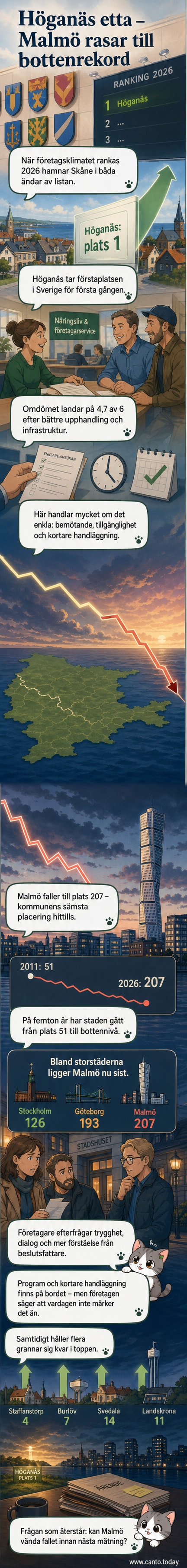 Illustration av två skånska kommuner: Höganäs med grön pil uppåt och Malmö med röd pil nedåt, omgivna av symboler för service, infrastruktur och politisk stöd.