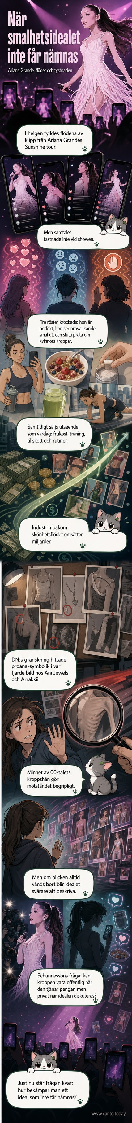 Illustration av en kändis på scen med sociala medias kommentarslidor som svävar runt, med texter om kropp och utseende.