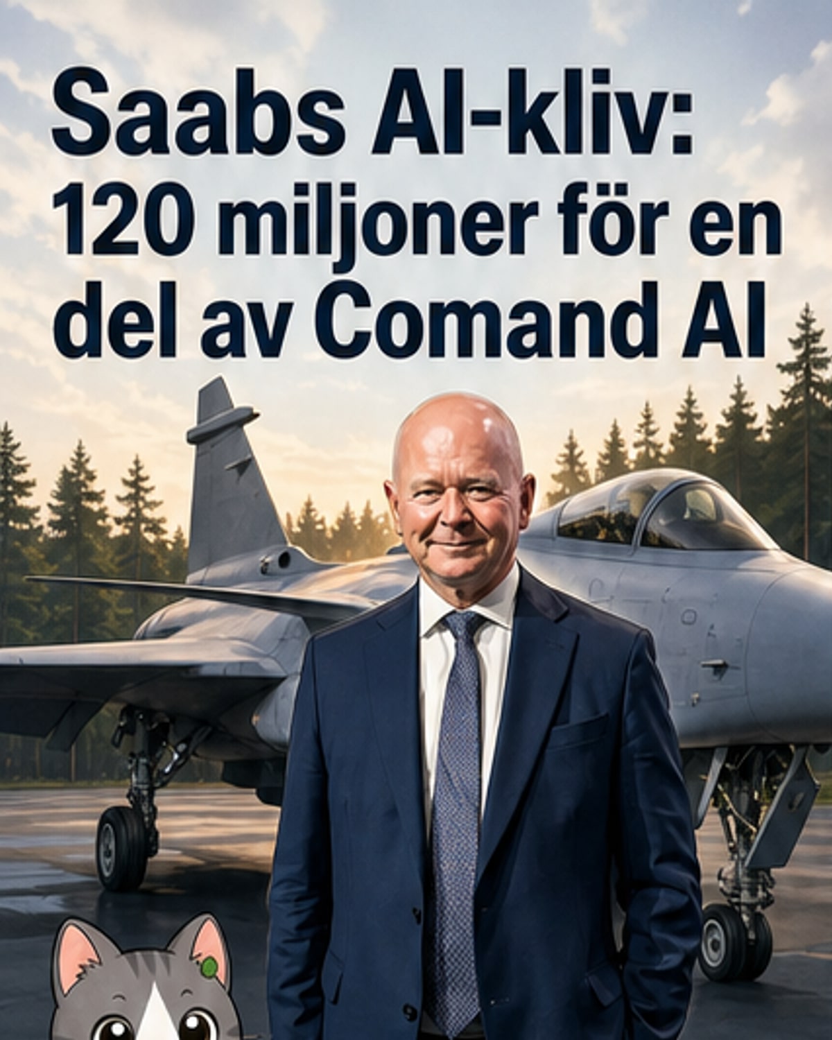 Illustration av Saabs logotyp bredvid AI-ikoner och en karta som visar Sverige och Frankrike, med pengsedlar som symboliserar investeringen.