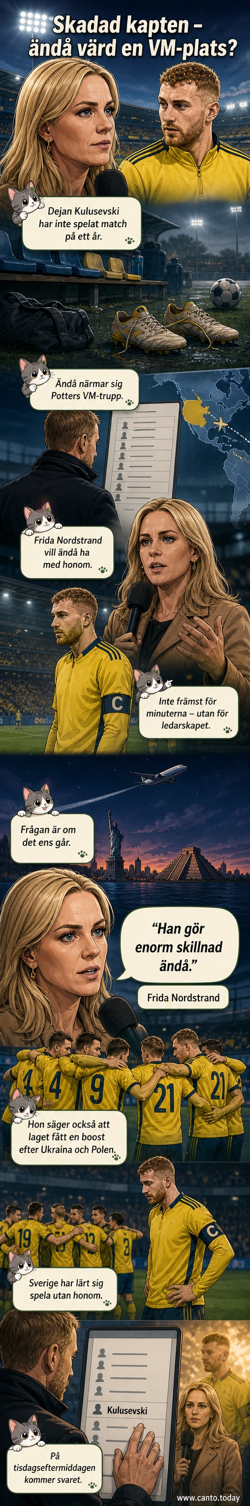 Illustration av fotbollsspelaren Dejan Kulusevski i landslagsdräkt, med blicken riktad mot planen, omgiven av symboler för ledarskap och skadeåterhämtning.