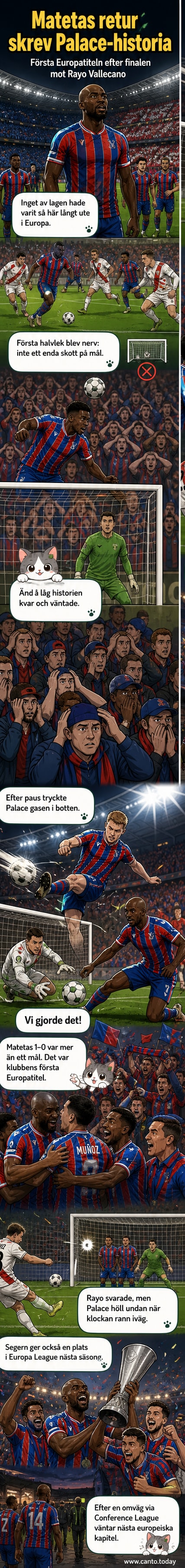 Crystal Palace-spelare firar segern i Conference League-finalen med pokalen höjd i röda tröjor och blå byxor under nattbelysning.