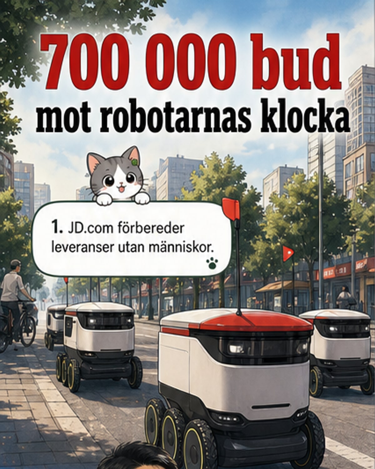 En robot levererar ett paket till en dörr, medan en människor som tittar på i bakgrunden. Text över bilden: 'Robotar tar över leveranserna – men vad händer med 700 000 bud?'