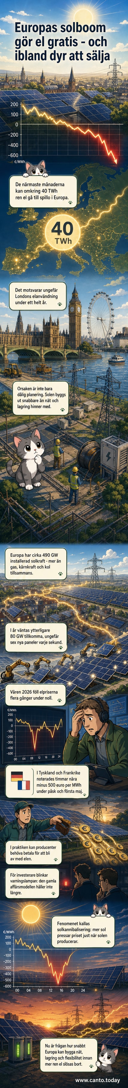 En överbelastad elnätstation omgiven av solpaneler under blå himmel, med grafik som visar negativa elpriser och spillad energi.
