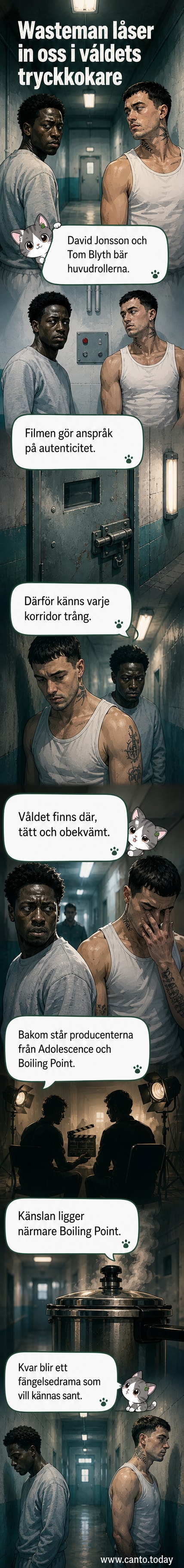 Skådespelare David Jonsson och Tom Blyth i mörka kläder står mitt i en fängelsekorridor, blickar spända, med stark kontrastbelysning.