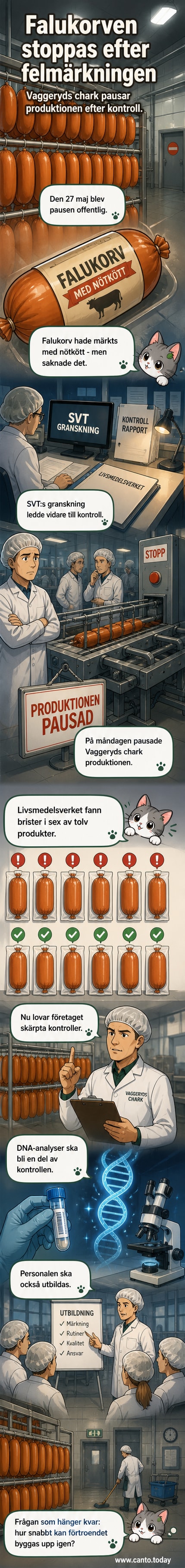 En korvfabrik med stängda produktionsband, symboliskt för pausad produktion efter felmärkning.