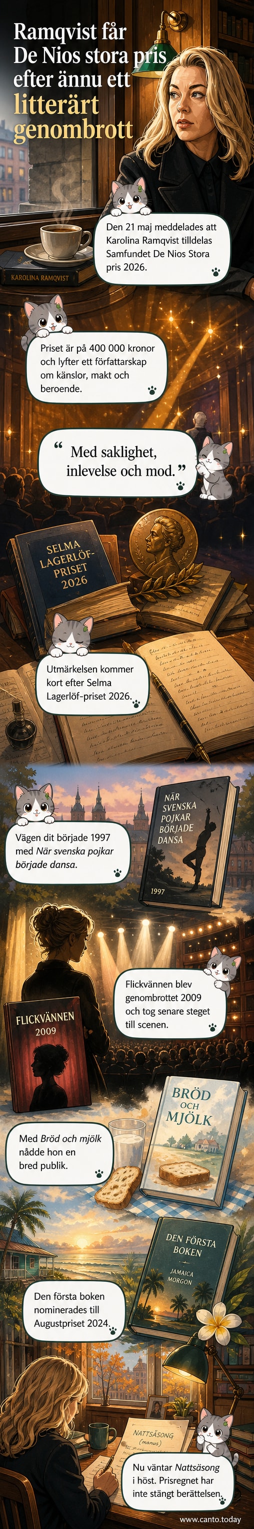 Karolina Ramqvist står framför ett bibliotek med bokhyllor i bakgrunden, belysning skapar en försiktig, reflekterande stämning.