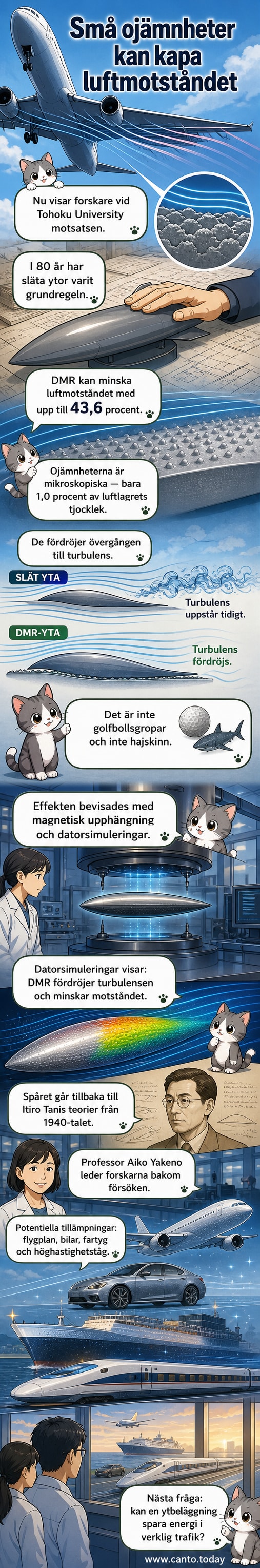 En illustration visar en strömlinjeformad kropp med förstorad vy av mikroskopiska ojämnheter på ytan, som påverkar luftflödet och minskar motstånd.