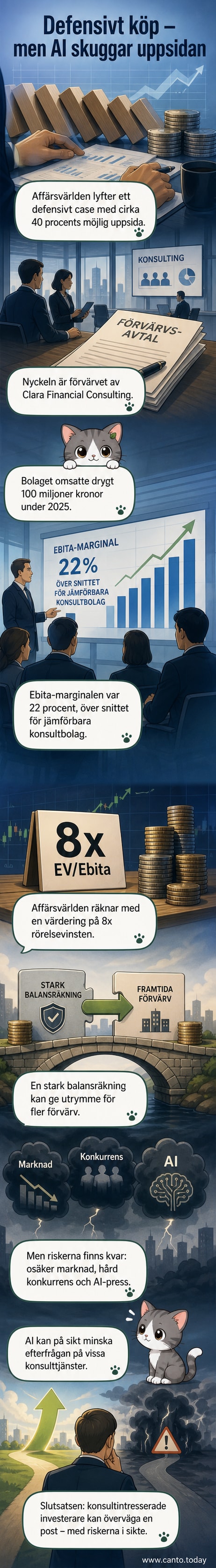 Illustration av två affärspersoner som skakar hand framför en byggnad med logotypen Clara Financial Consulting, med en graf som stiger till höger.