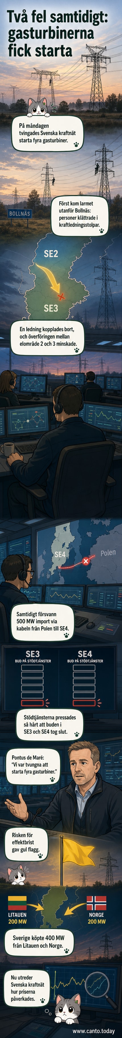 Illustration av en gasturbin som startas i nödläge, med kraftledningar i bakgrunden och en varningsflagga i gult.